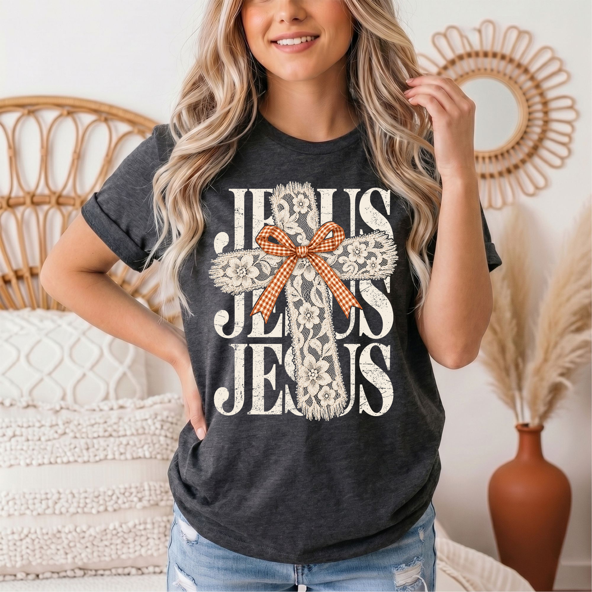 Jesus Lace Cross & Gingham Bow Christian Graphic Tee