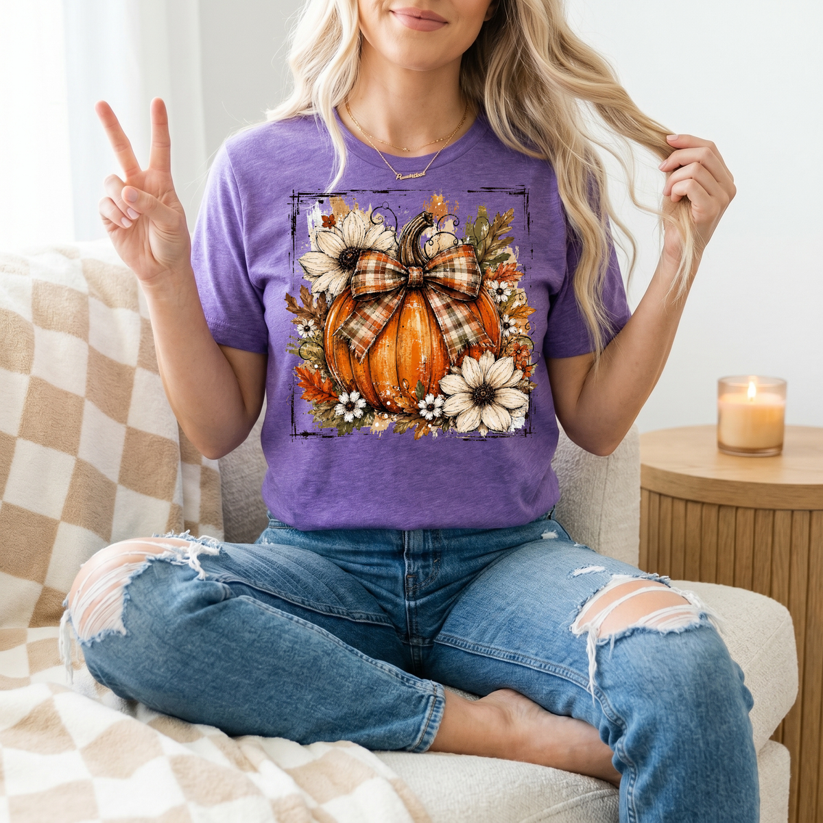 Fall Pumpkin Floral & Plaid Bow Graphic Tee