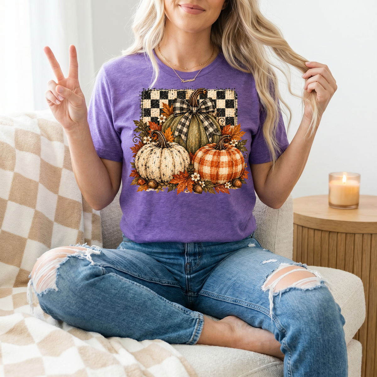 Rustic Fall Pumpkin Trio & Gingham Bow Graphic Tee