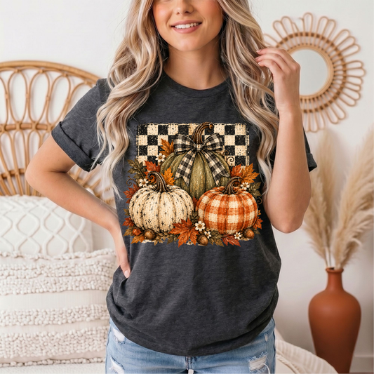 Rustic Fall Pumpkin Trio & Gingham Bow Graphic Tee