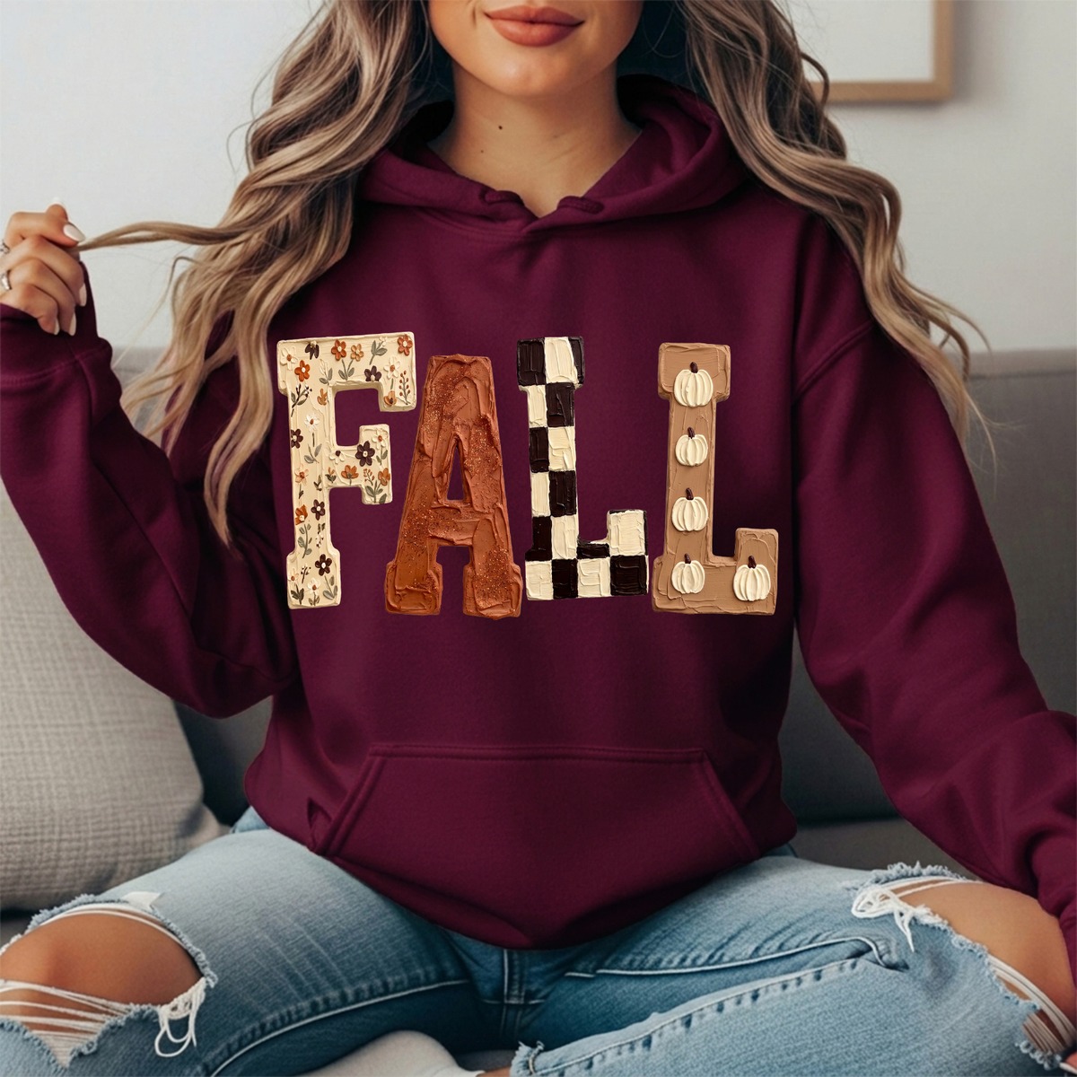 Fall Floral Checkerboard Pumpkin Lettering Graphic Hoodie