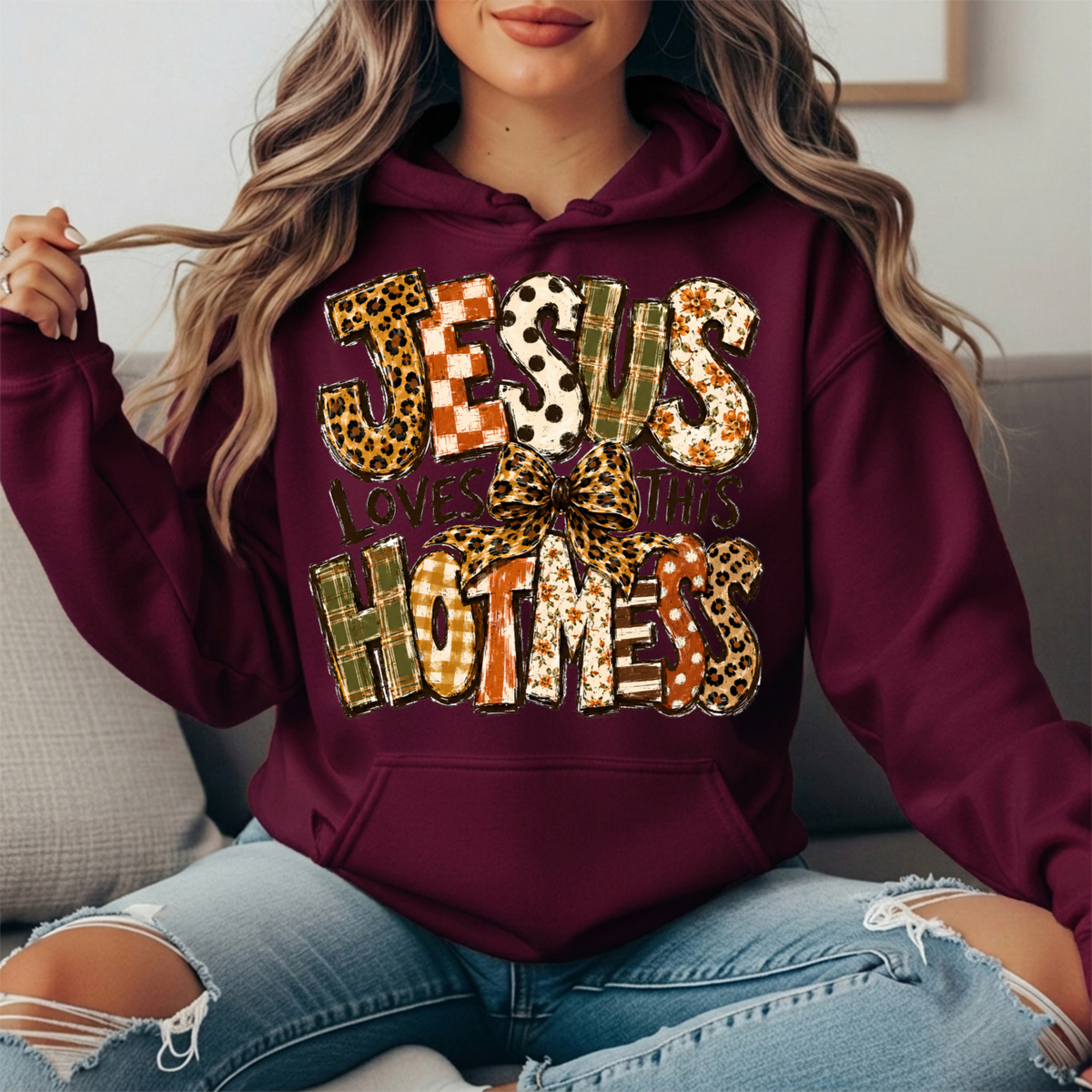 Jesus Loves This Hot Mess Leopard Bow Graphic Hoodie