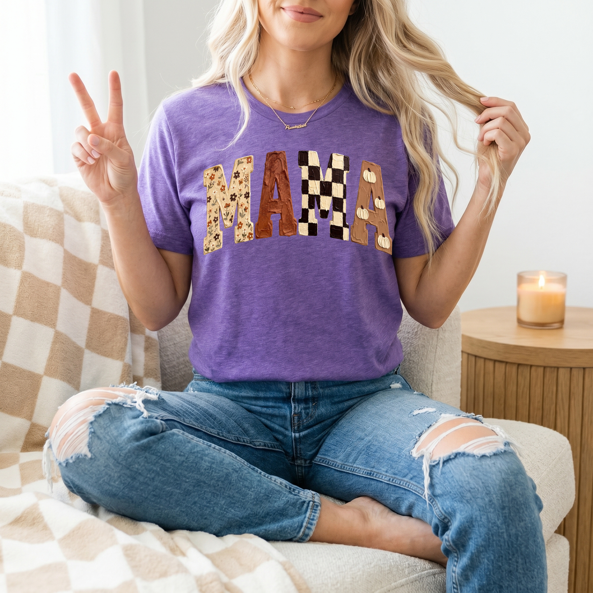 Fall Mama Floral, Checkerboard & Pumpkin Graphic Tee