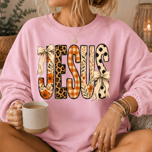 Jesus Mixed Print Bow Crewneck Sweatshirt