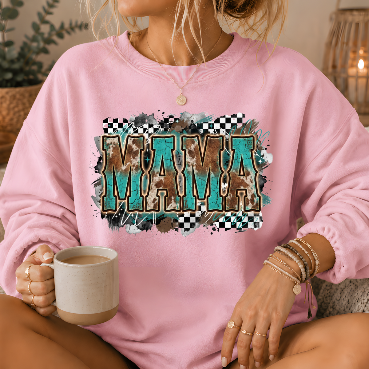 Mama Turquoise Cow Print Western Crewneck Sweatshirt