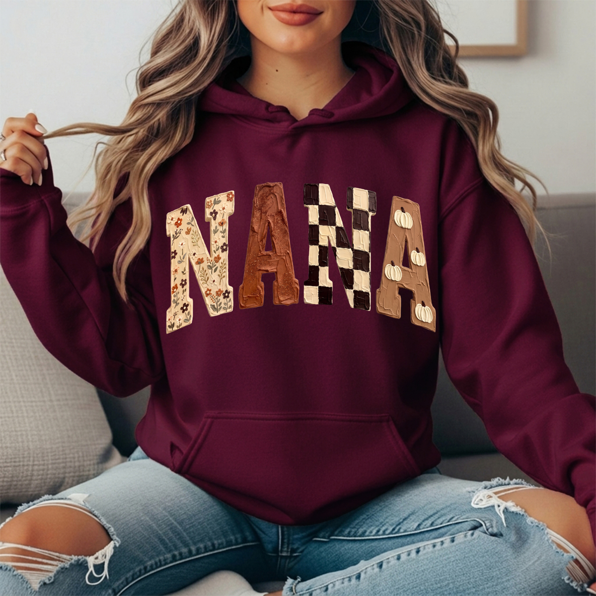 Nana Fall Floral, Checkerboard & Pumpkin Graphic Hoodie
