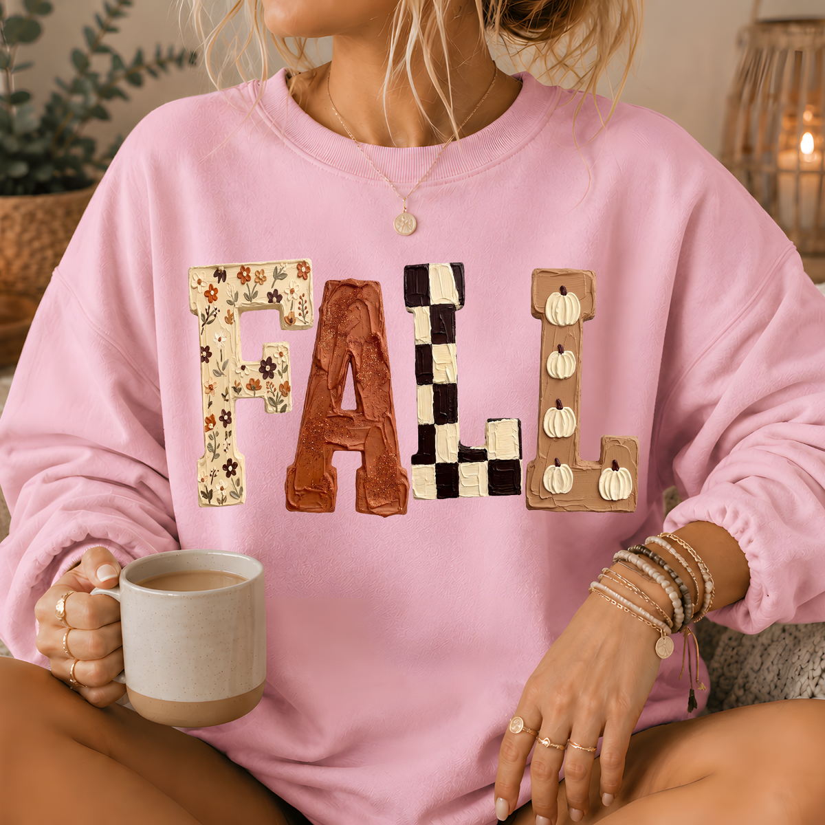 Fall Patchwork Print Crewneck Sweatshirt