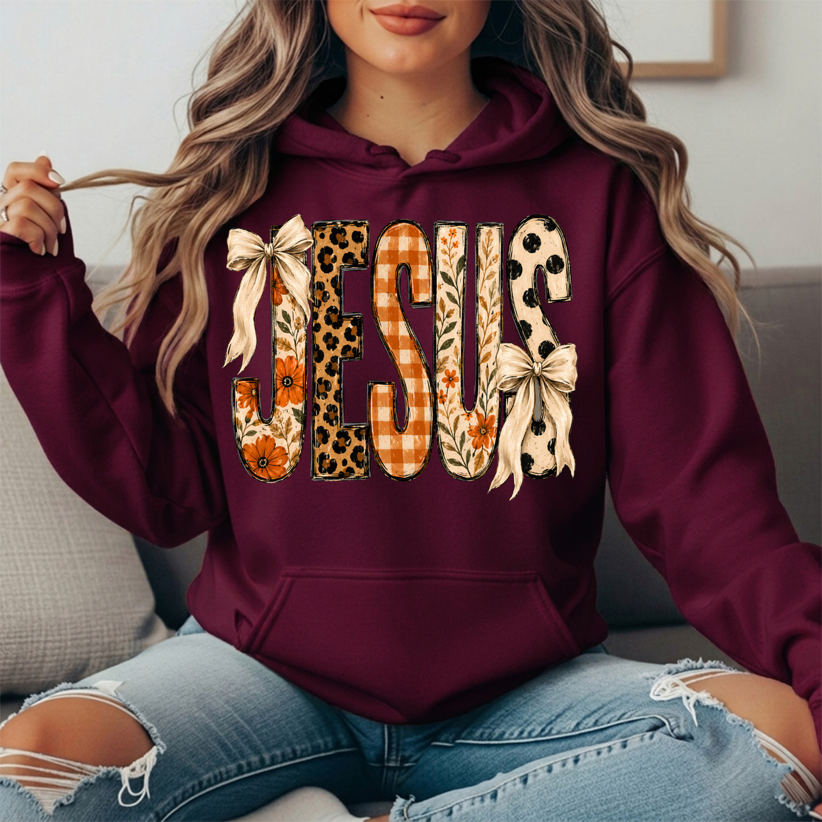 Jesus Patchwork Floral & Bow Graphic Hoodie