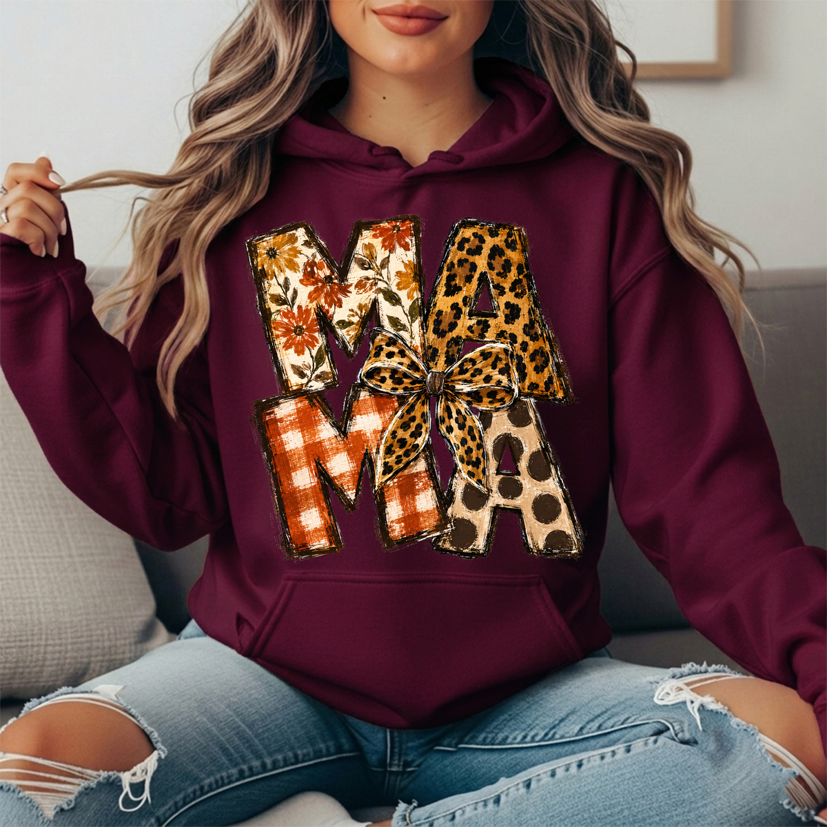 Mama Fall Patchwork & Leopard Bow Graphic Hoodie