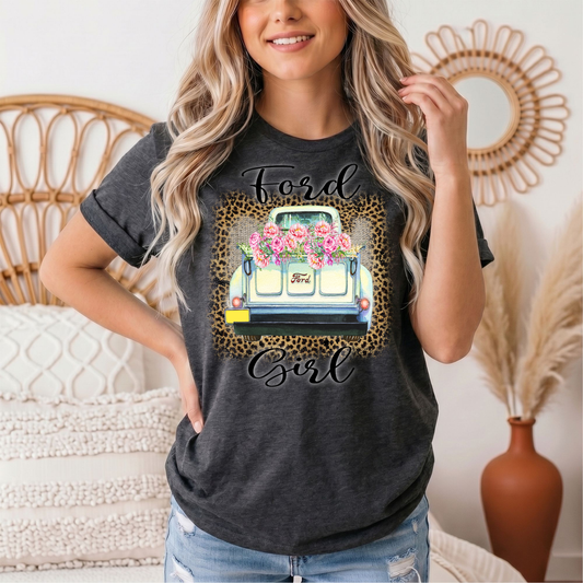 Ford Girl Floral Vintage Truck & Leopard Graphic Tee