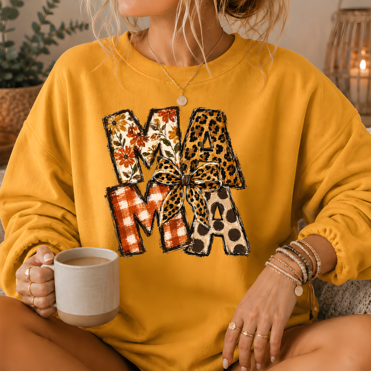 Mama Mixed Print Bow Crewneck Sweatshirt