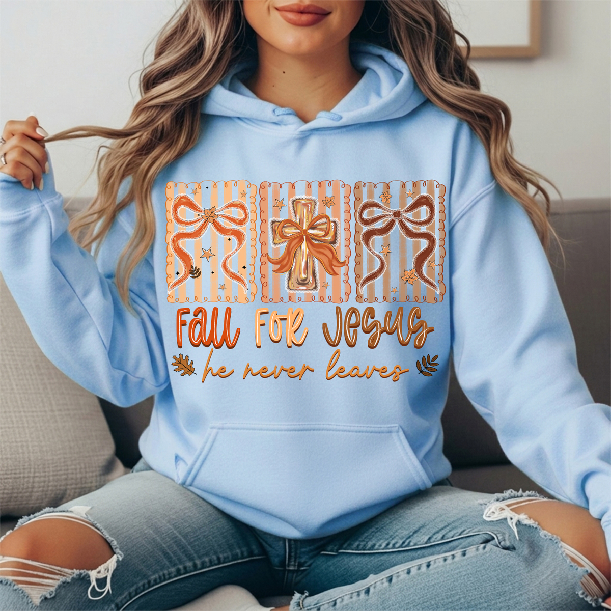 Fall for Jesus He Never Leaves Bow Cross Graphic Hoodie