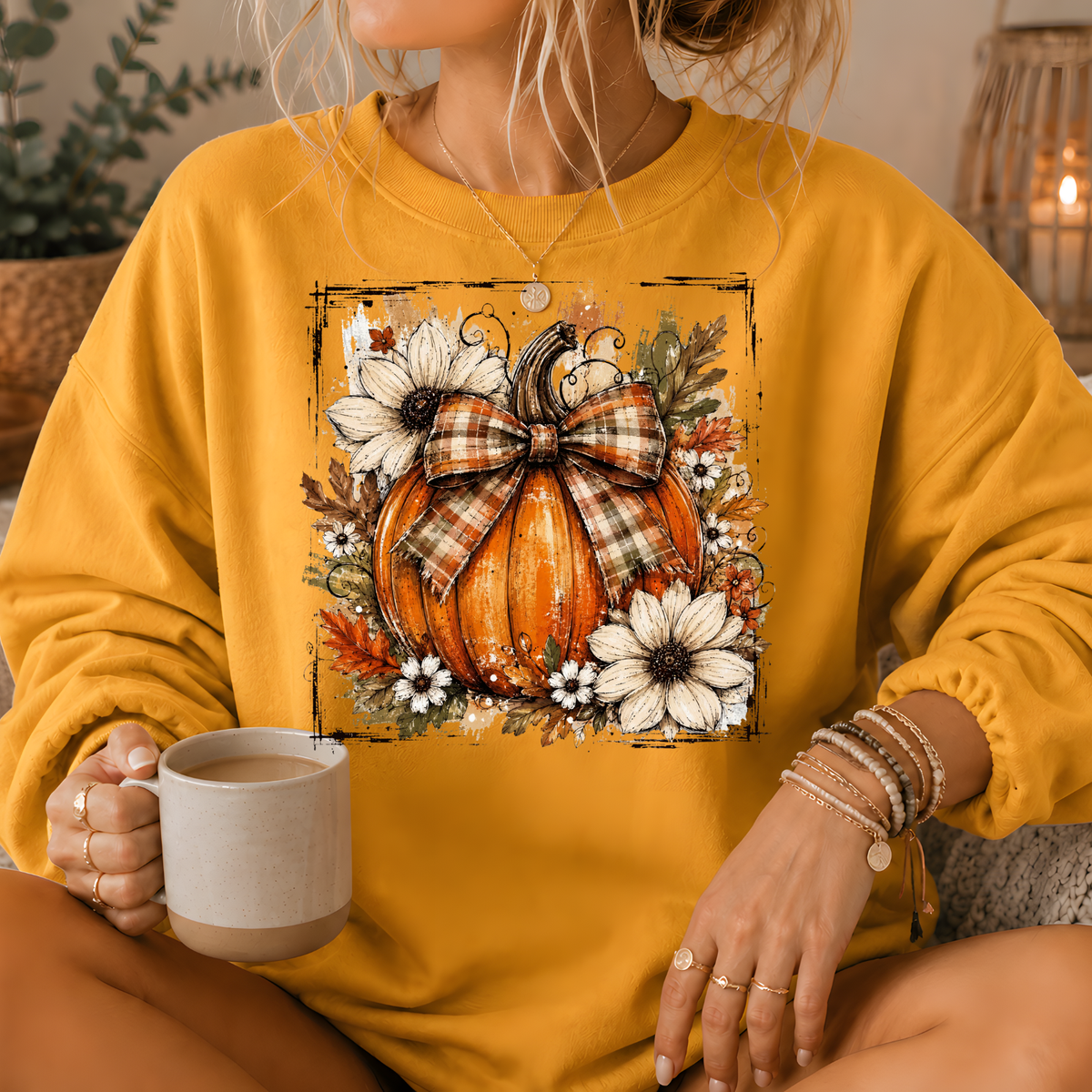 Pumpkin Plaid Bow Floral Crewneck Sweatshirt