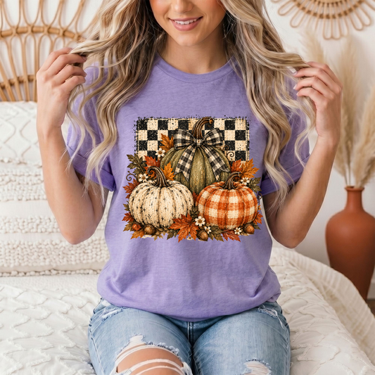 Rustic Fall Pumpkin Trio & Gingham Bow Graphic Tee