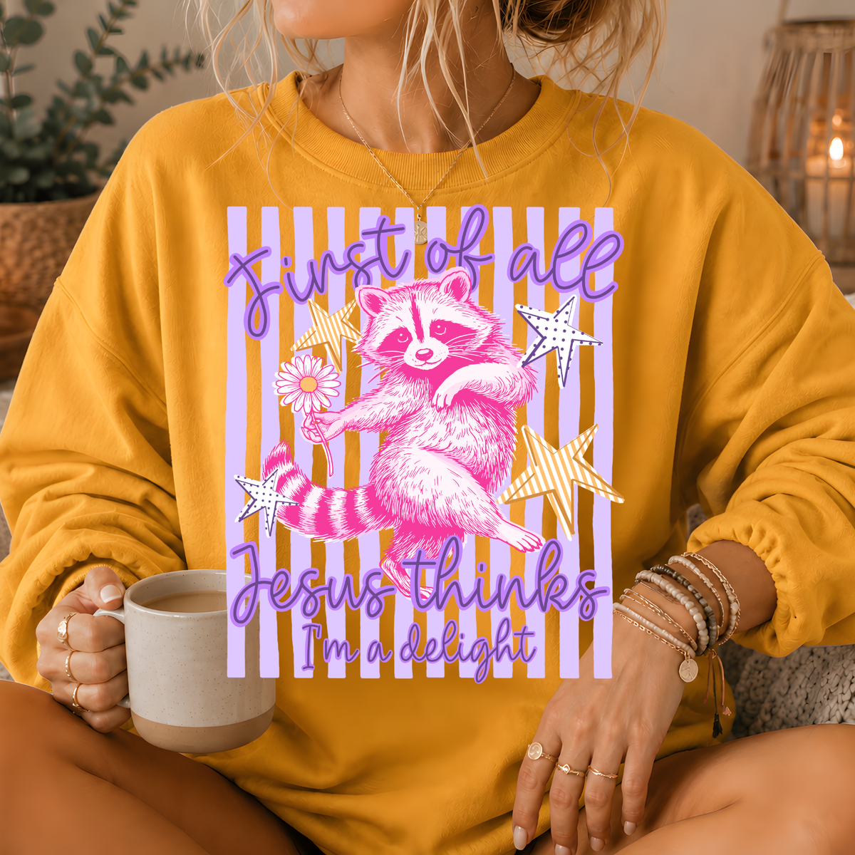 Jesus Thinks I'm a Delight Raccoon Crewneck Sweatshirt