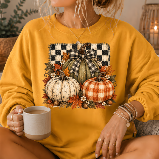 Pumpkin Plaid Bow Floral Crewneck Sweatshirt