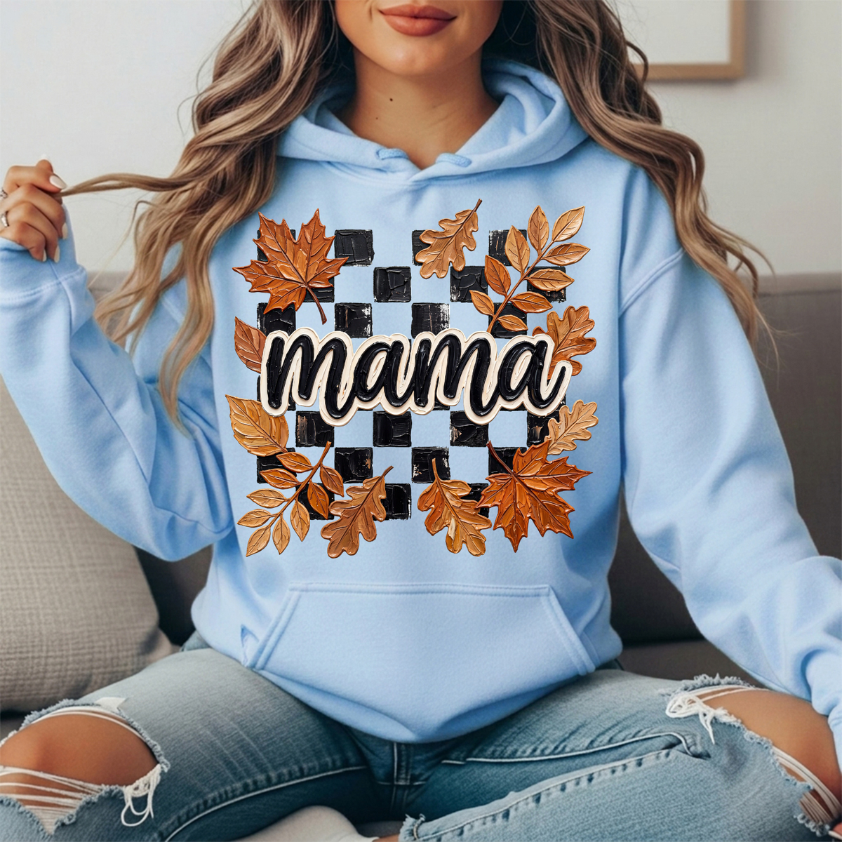 Mama Fall Leaves Checkerboard Graphic Hoodie