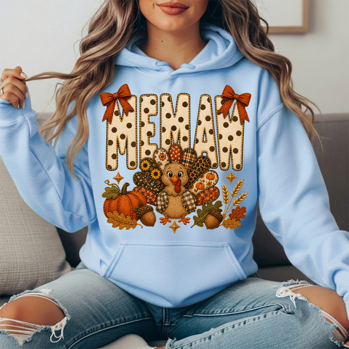 Memaw Thanksgiving Turkey & Rust Bows Graphic Hoodie