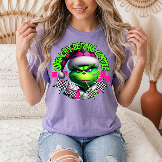 Grinchy Before Coffee Pink Checkerboard Christmas Graphic Tee