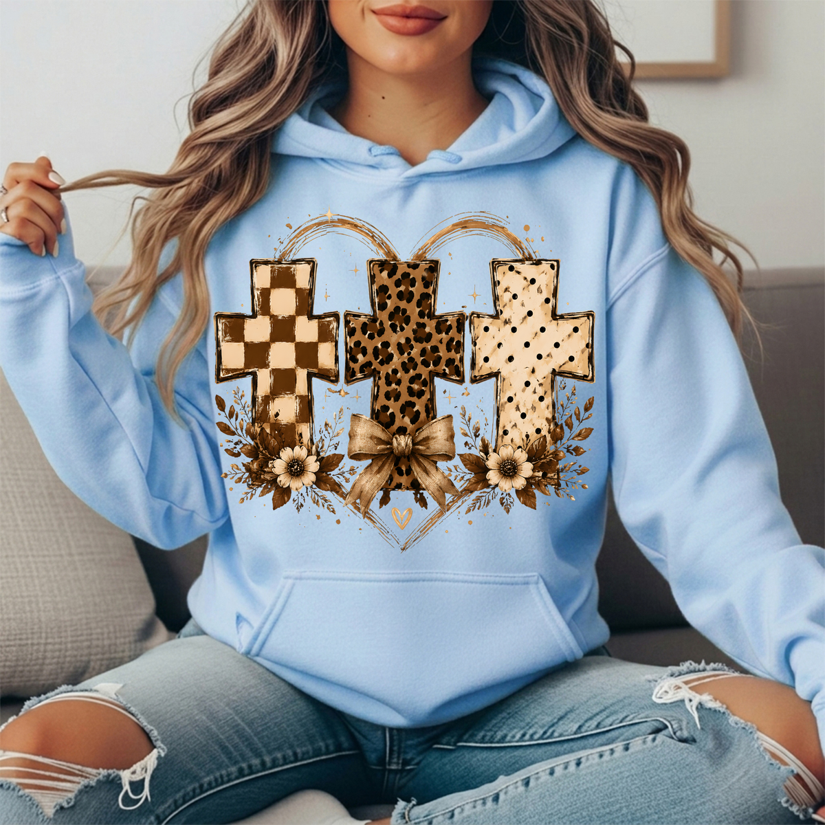 Three Crosses Leopard Floral Bow Graphic Hoodie