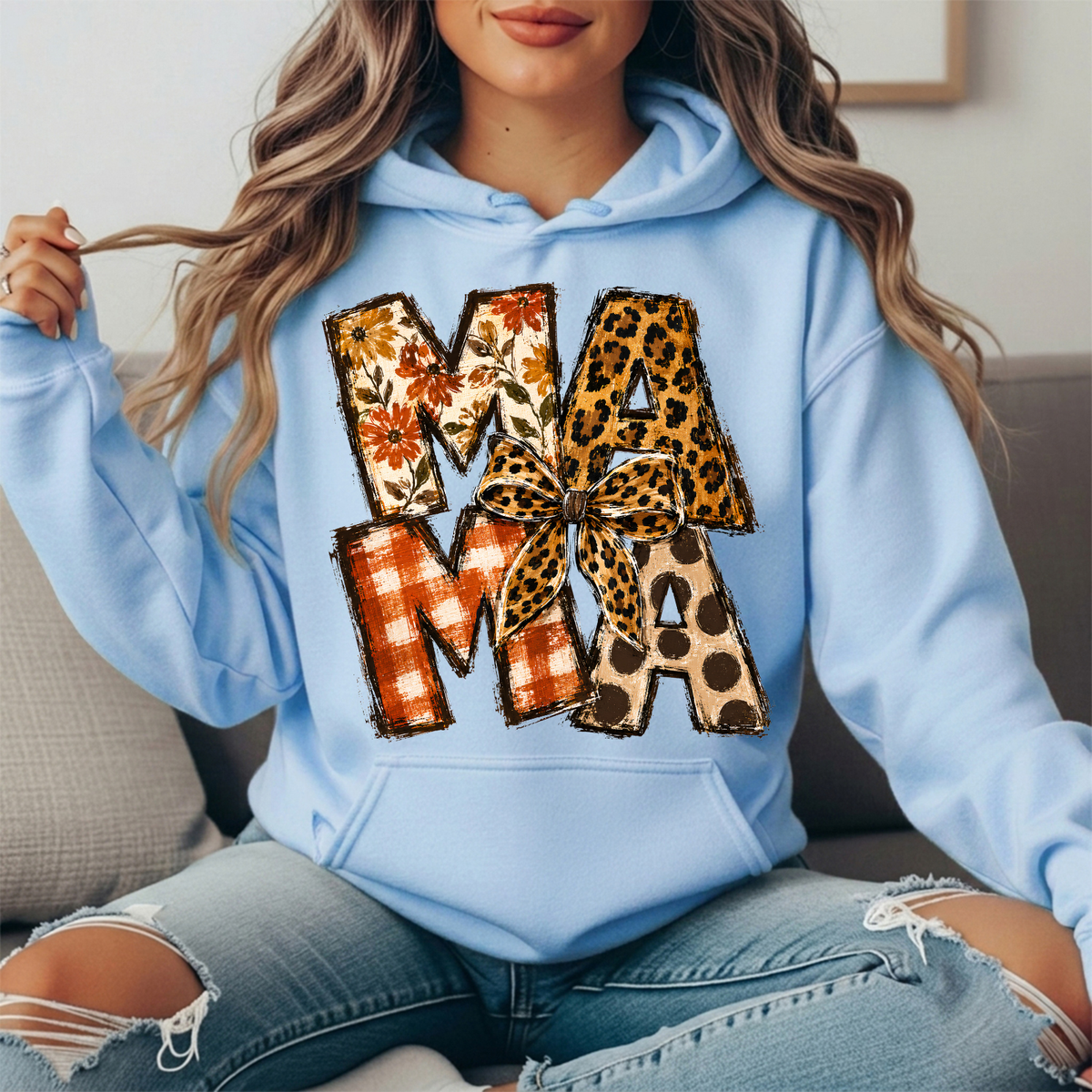 Mama Fall Patchwork & Leopard Bow Graphic Hoodie