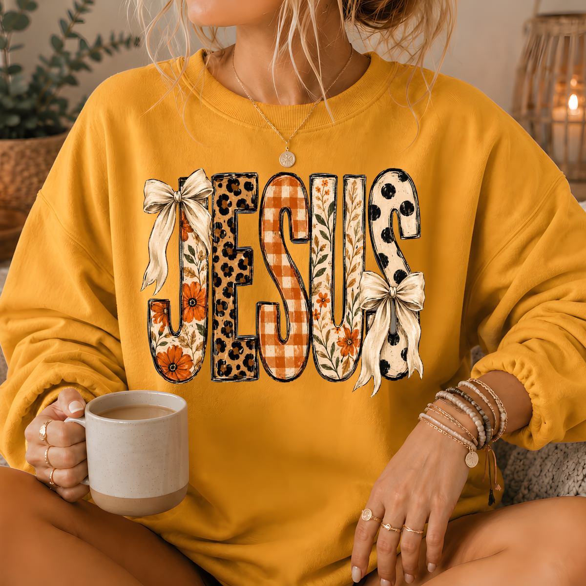 Jesus Mixed Print Bow Crewneck Sweatshirt