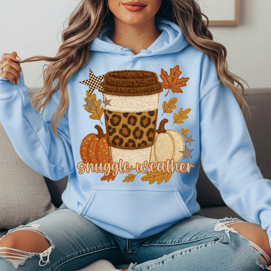 Snuggle Weather Faux Embroidery Coffee Hoodie Sweatshirt