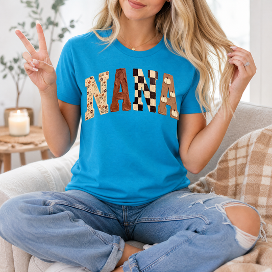 Fall Nana Floral, Checkerboard & Pumpkin Graphic Tee
