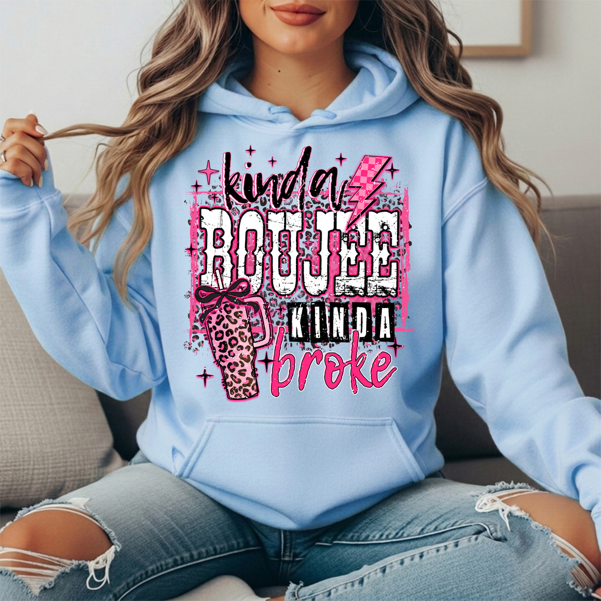 Kinda Boujee Kinda Broke Pink Leopard Graphic Hoodie