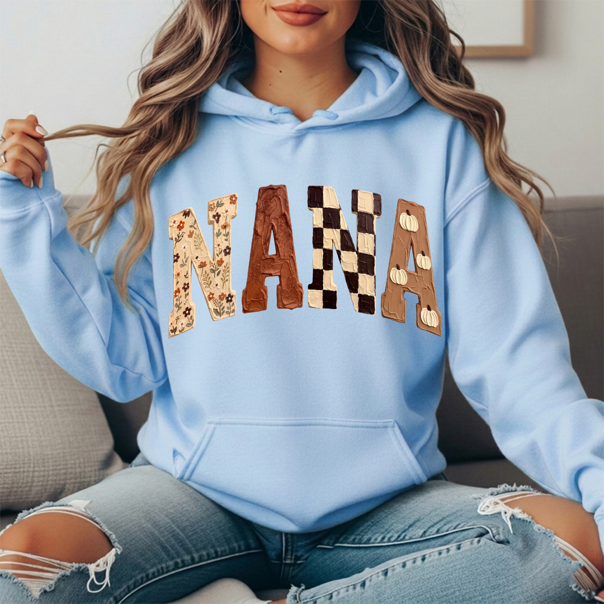 Nana Fall Floral, Checkerboard & Pumpkin Graphic Hoodie