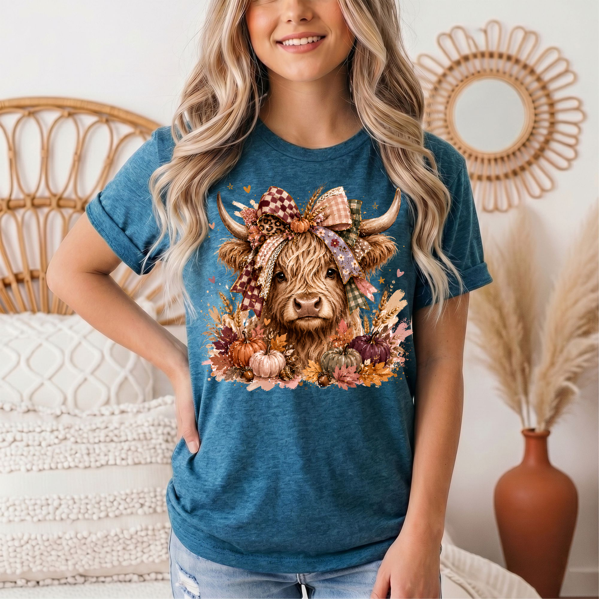 Fall Highland Cow Bow & Pumpkins Graphic Tee