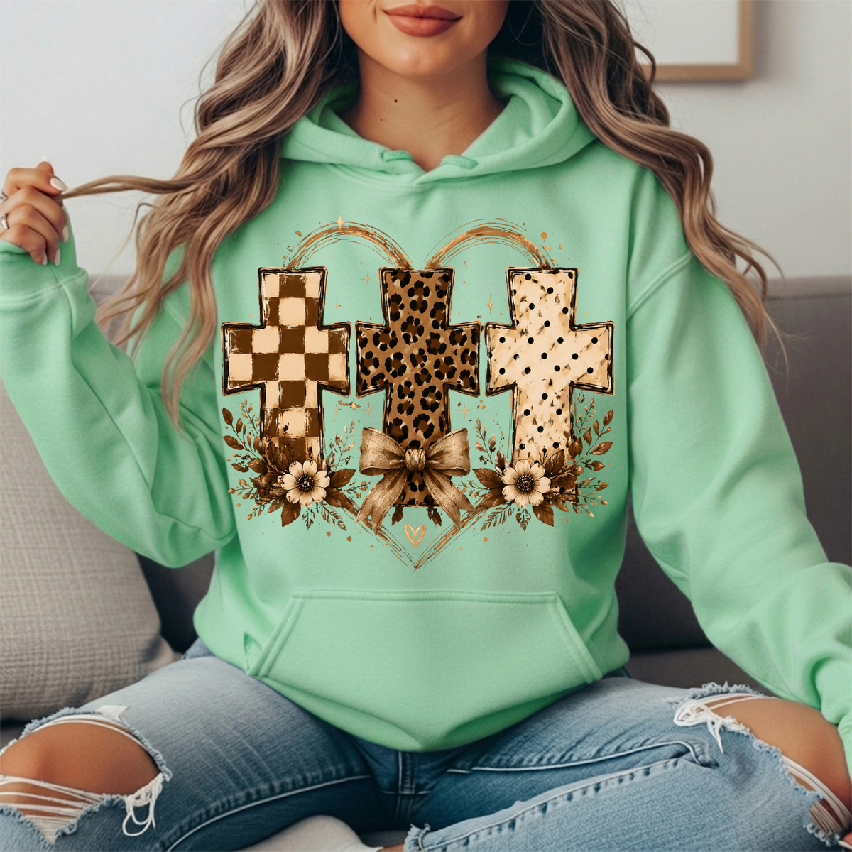 Three Crosses Leopard Floral Bow Graphic Hoodie