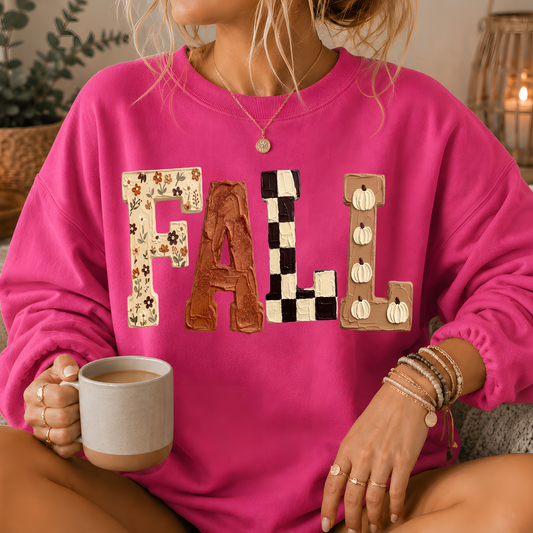 Fall Patchwork Print Crewneck Sweatshirt
