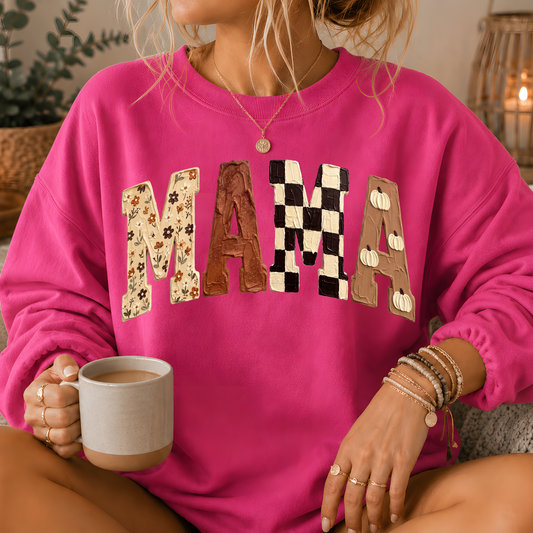 Mama Fall Patchwork Print Crewneck Sweatshirt