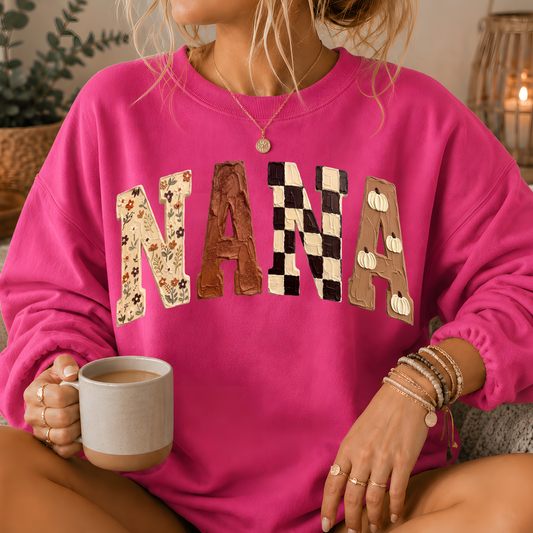 Nana Fall Patchwork Print Crewneck Sweatshirt