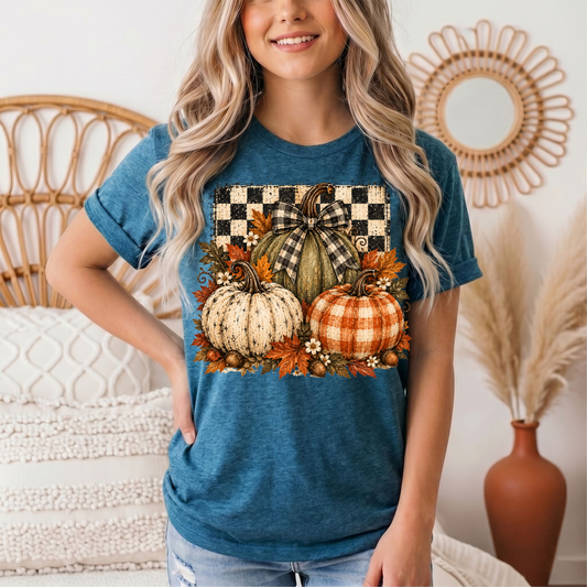 Rustic Fall Pumpkin Trio & Gingham Bow Graphic Tee