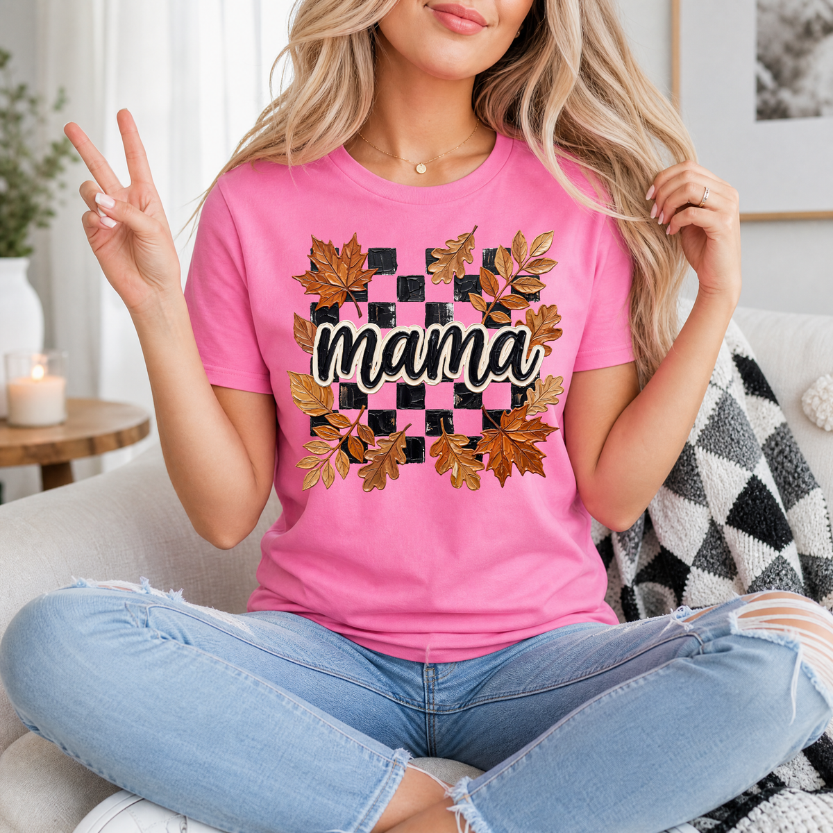 Mama Fall Leaves & Checkerboard Graphic Tee