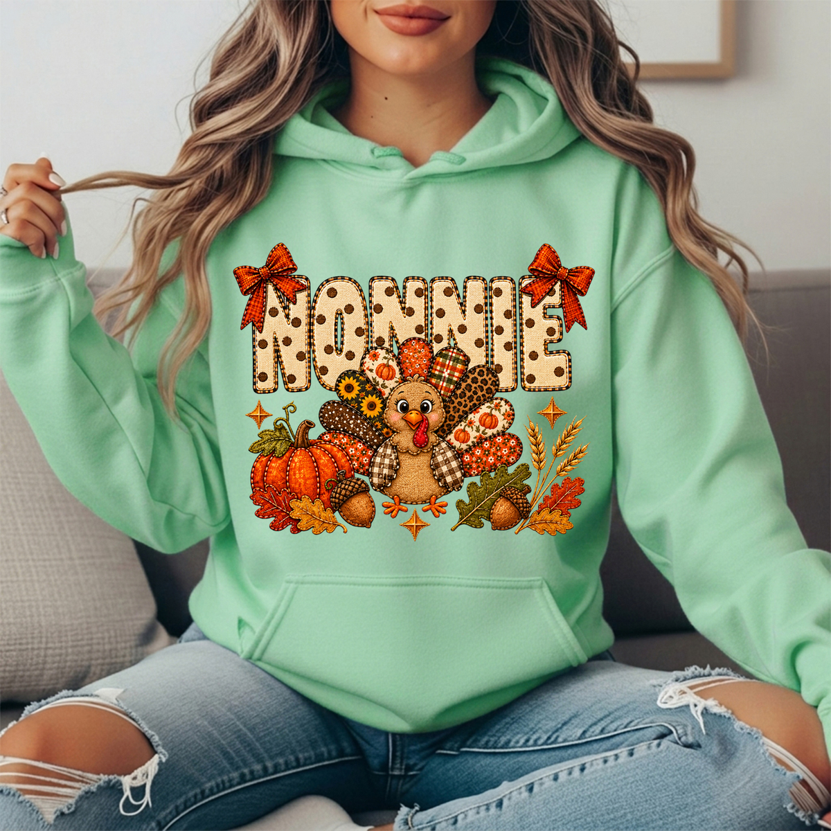 Nonnie Thanksgiving Patchwork Turkey Bow Graphic Hoodie