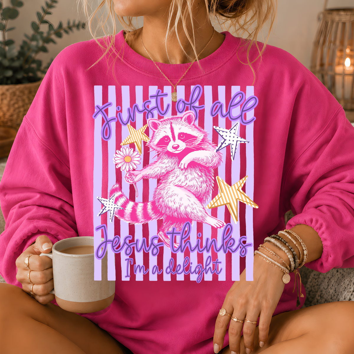 Jesus Thinks I'm a Delight Raccoon Crewneck Sweatshirt
