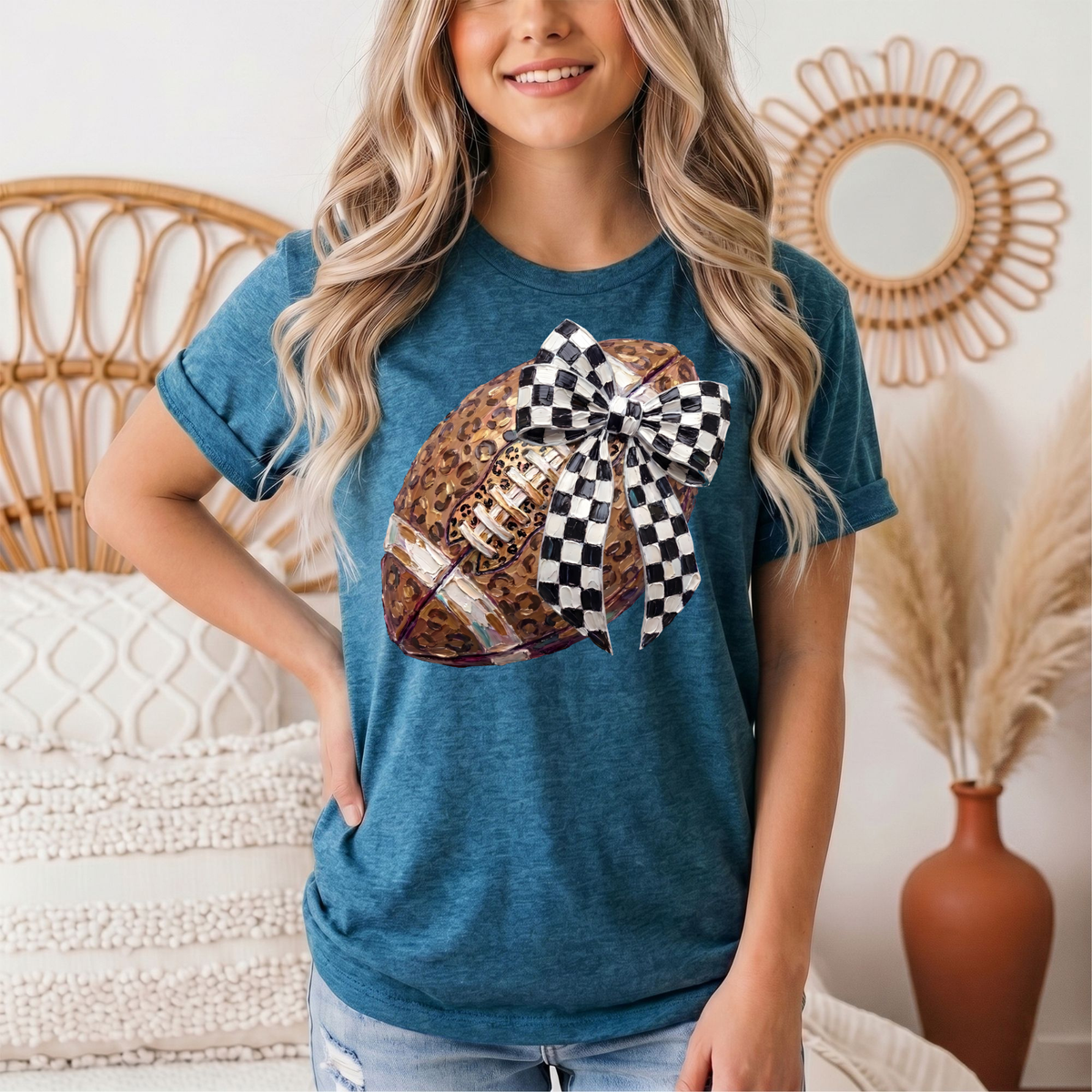 Leopard Football & Checkerboard Bow Graphic Tee