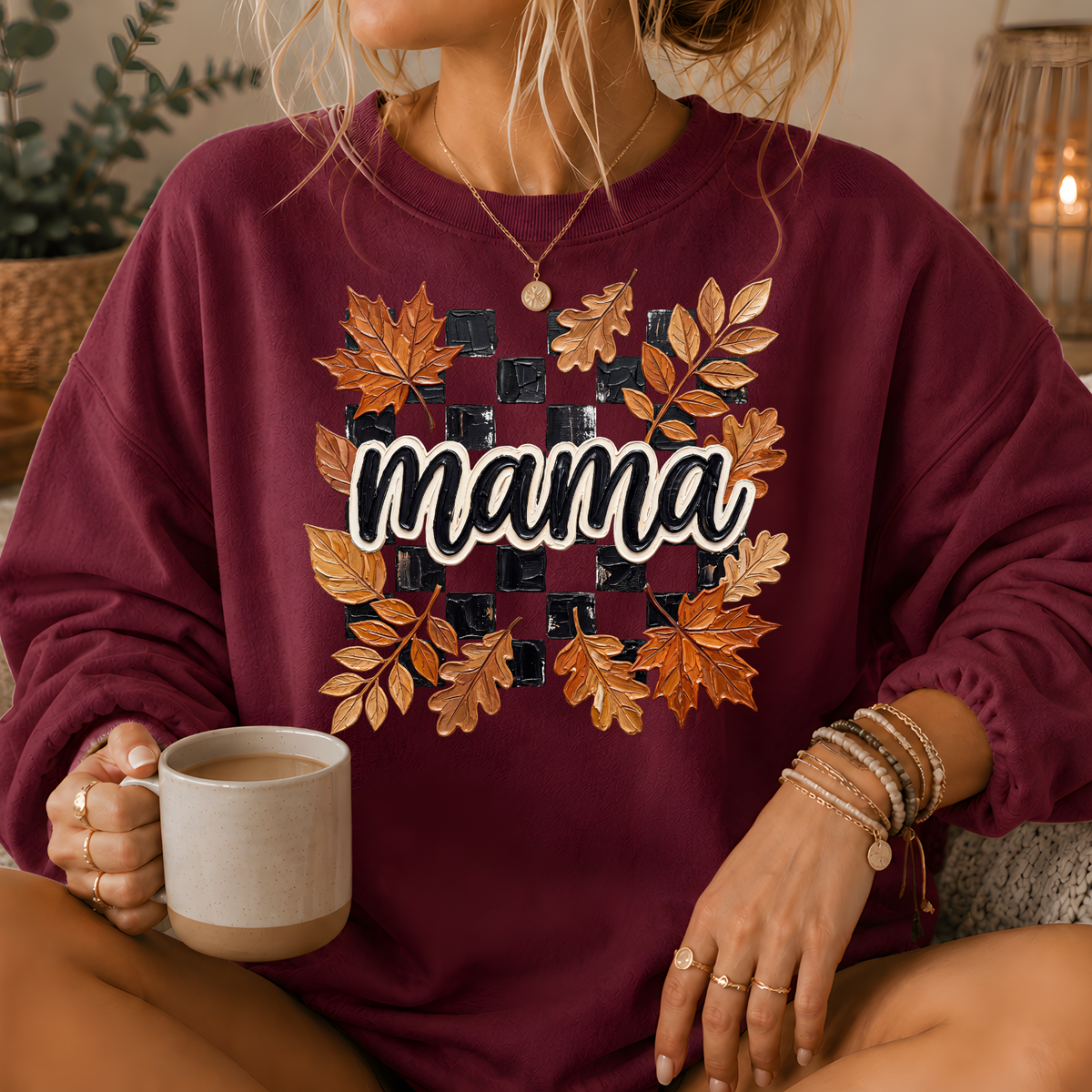 Mama Fall Leaves Checkerboard Crewneck Sweatshirt
