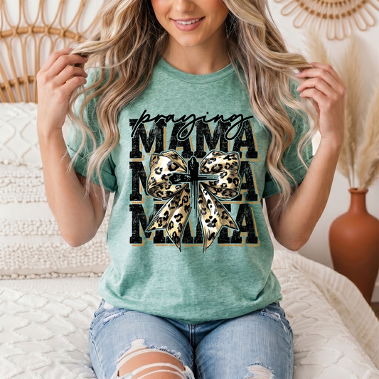 Praying Mama Leopard Bow & Cross Graphic Tee