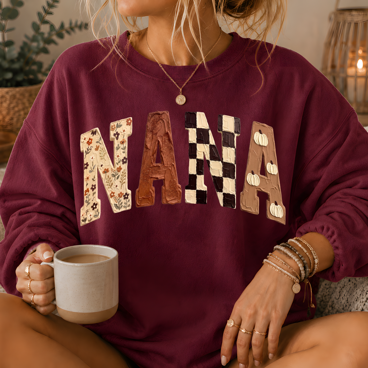 Nana Fall Patchwork Print Crewneck Sweatshirt