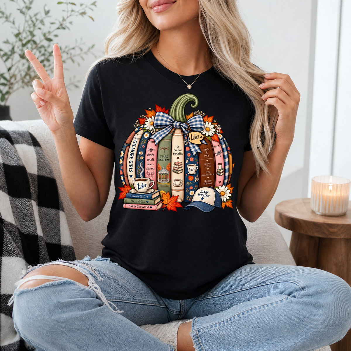 Gilmore Fall Bookish Pumpkin & Gingham Bow Graphic Tee