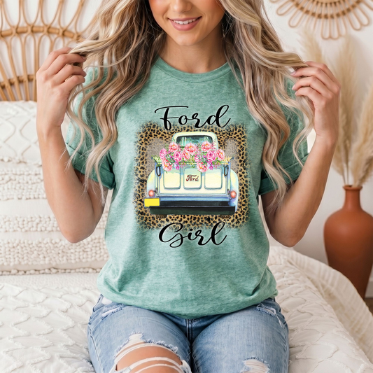 Ford Girl Floral Vintage Truck & Leopard Graphic Tee