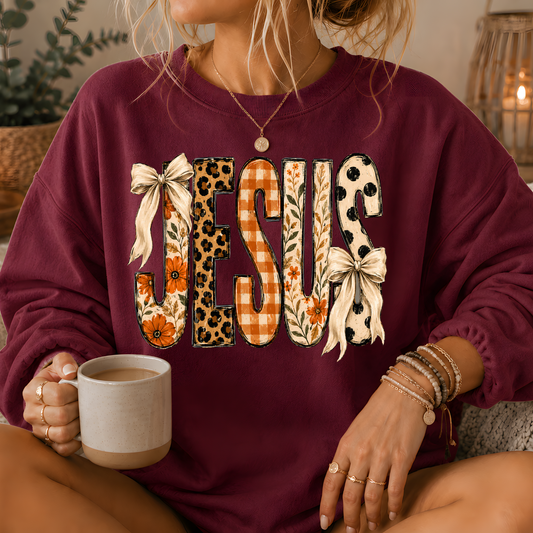 Jesus Mixed Print Bow Crewneck Sweatshirt