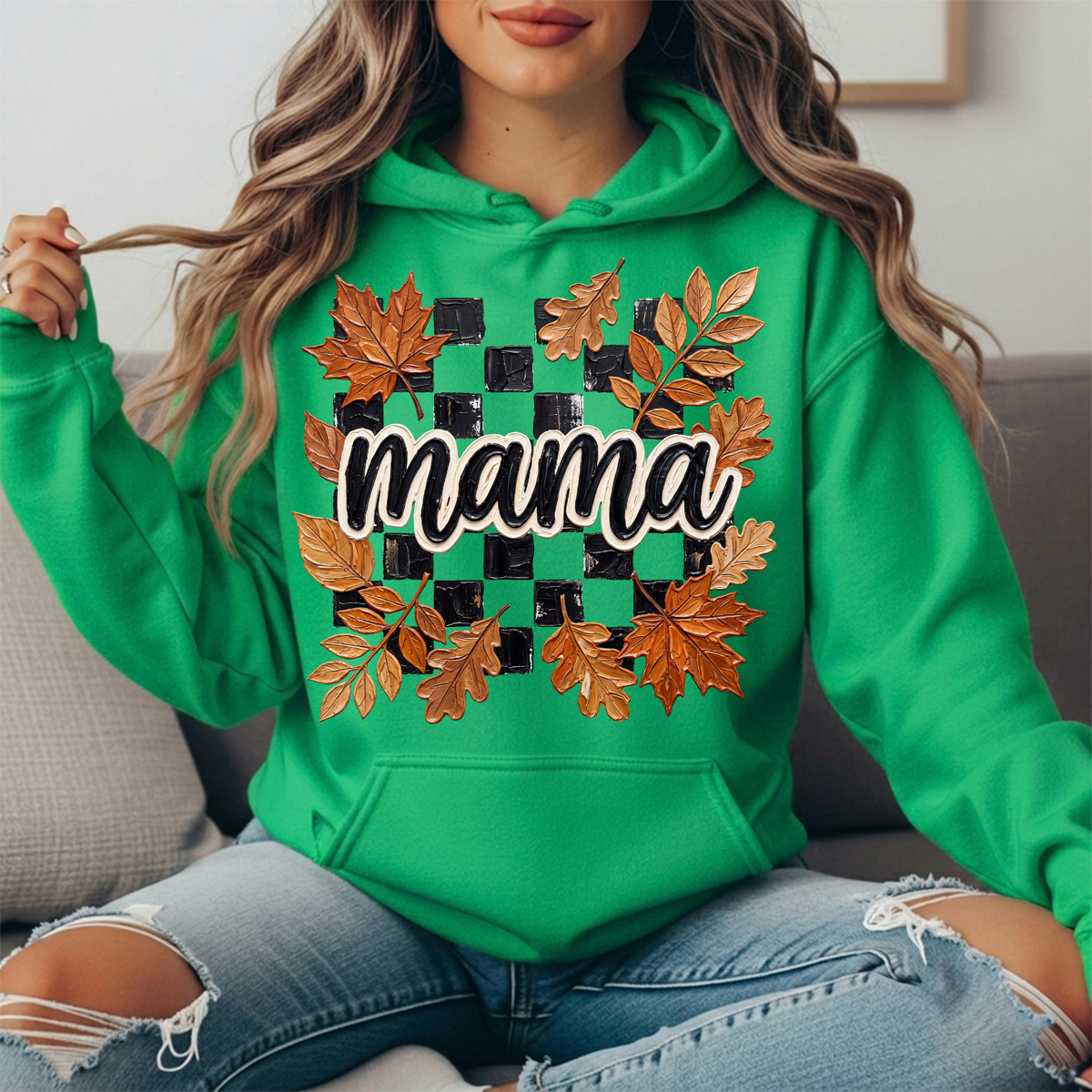Mama Fall Leaves Checkerboard Graphic Hoodie
