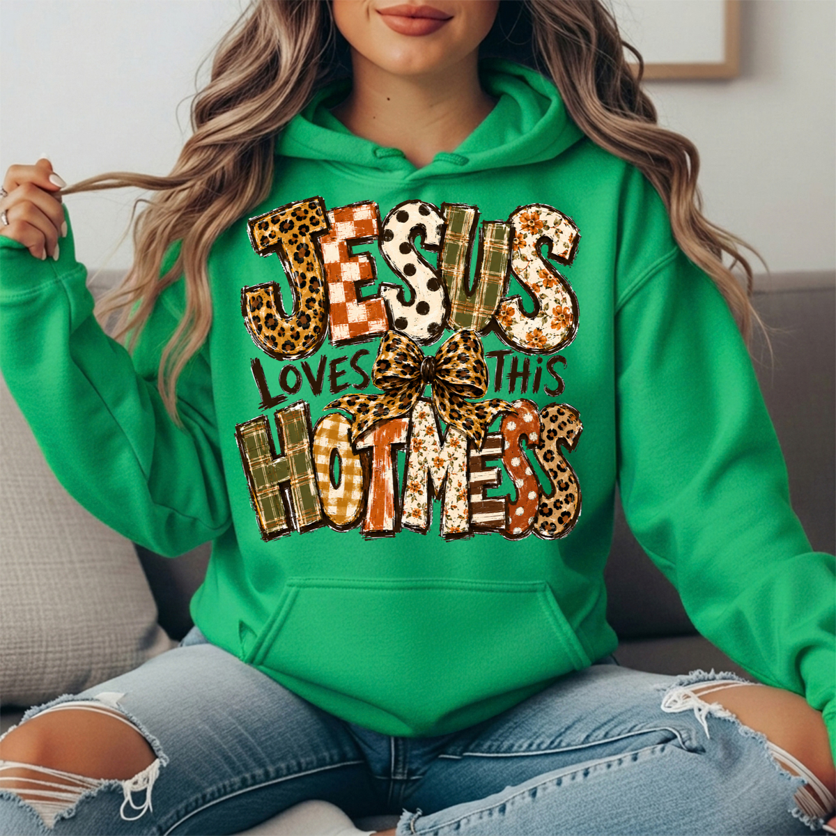 Jesus Loves This Hot Mess Leopard Bow Graphic Hoodie