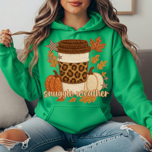 Snuggle Weather Faux Embroidery Coffee Hoodie Sweatshirt
