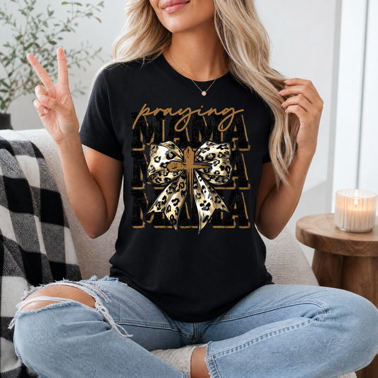 Praying Mama Leopard Bow & Cross Graphic Tee